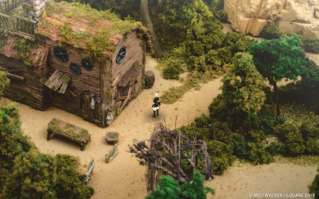 Amidst the Fantasian Neo Dimension, a lone character stands near a rustic wooden house enveloped by dense forest trees.