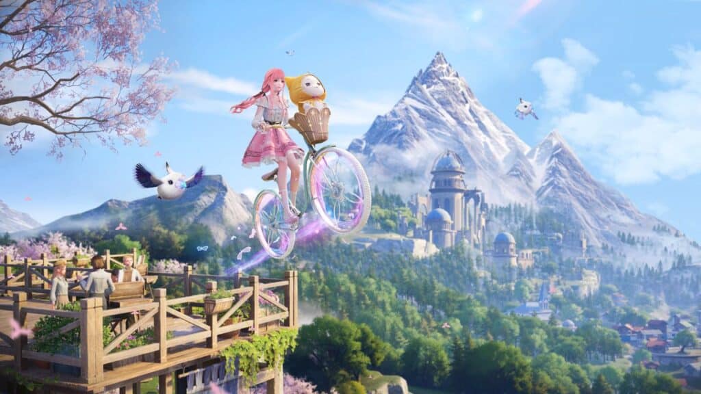 A girl rides a flying bicycle with her cat nestled in the basket over a scenic landscape featuring stunning mountains and the majestic castle from Infinity Nikki.