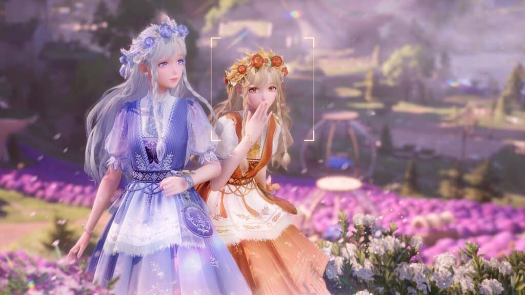 Two women in floral dresses and flower crowns stand in a vibrant flower field, reminiscent of the enchanting world of Infinity Nikki, one with her hand near her mouth.