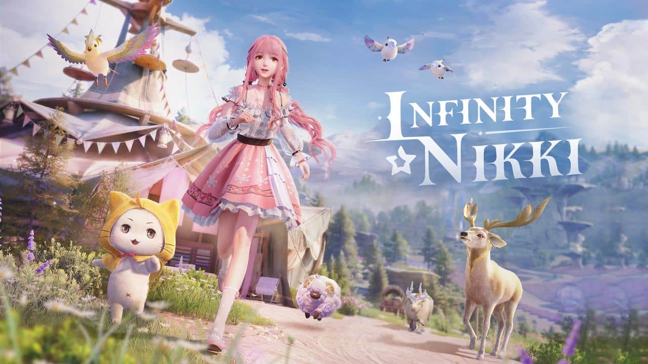 A pink-haired girl and her animal companions frolic in a whimsical outdoor setting, where the magic of Infinity Nikki unfolds.