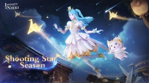 A blue-haired character in a white dress floats among glowing stars with a plush companion. Text reads Infinity Nikki: Shooting Star Season update.