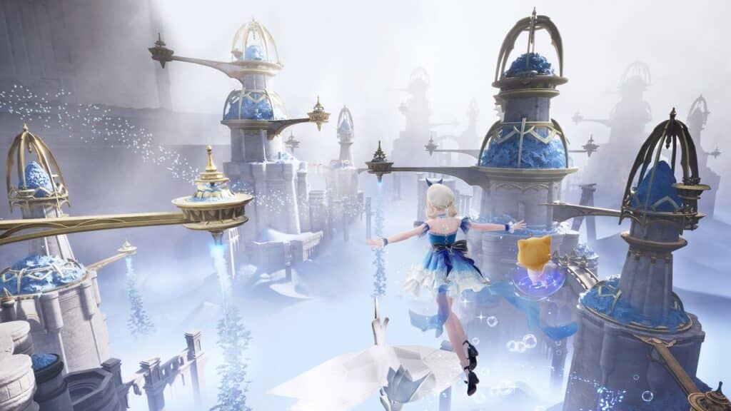 A fantasy scene unfolds with a character in a blue dress and a small creature floating through the ornate celestial city, reminiscent of Infinity Nikki's enchanting world.