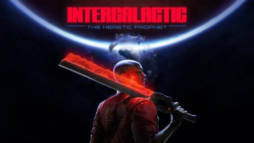 Under an earth-like planet, a person wields a glowing sword, embodying the essence of "Intergalactic: The Heretic Prophet" with every shimmering swing.