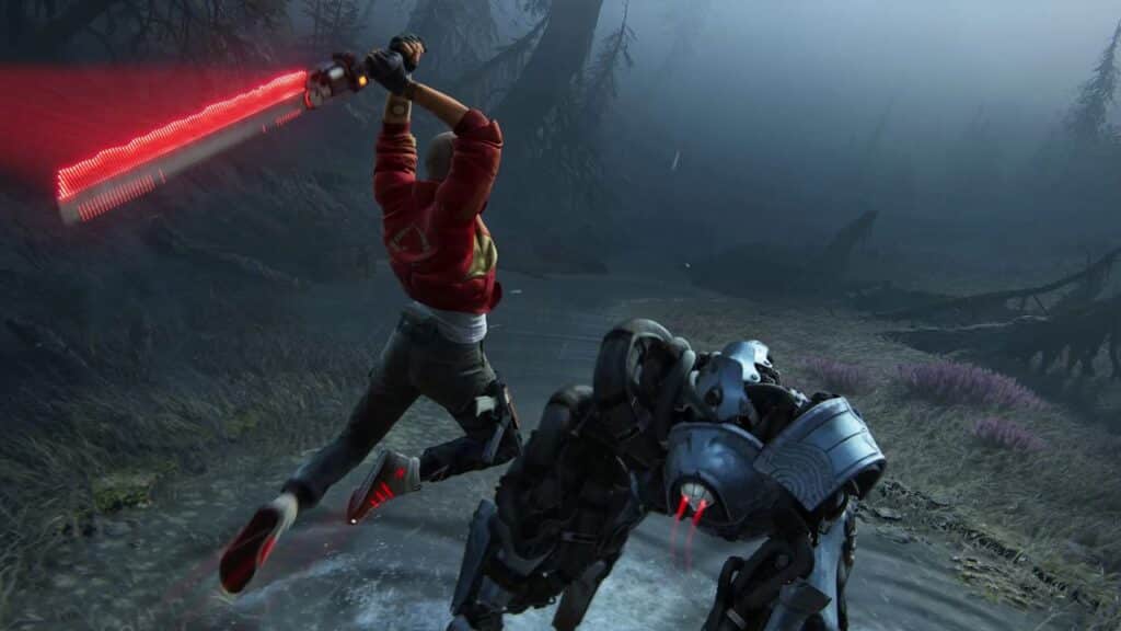 A person with a red sword leaps to strike a robotic enemy in a misty forest setting from Intergalactic: The Heretic Prophet.