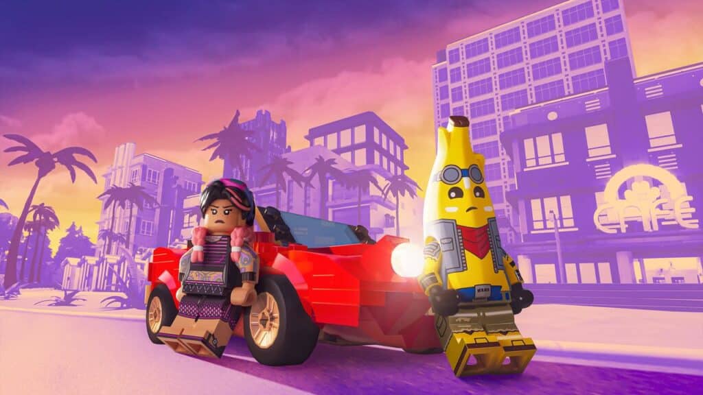 LEGO figures with a red car navigate a vibrant cityscape at sunset, where palm trees sway beside modern buildings, capturing the essence of LEGO Fortnite Brick Life.