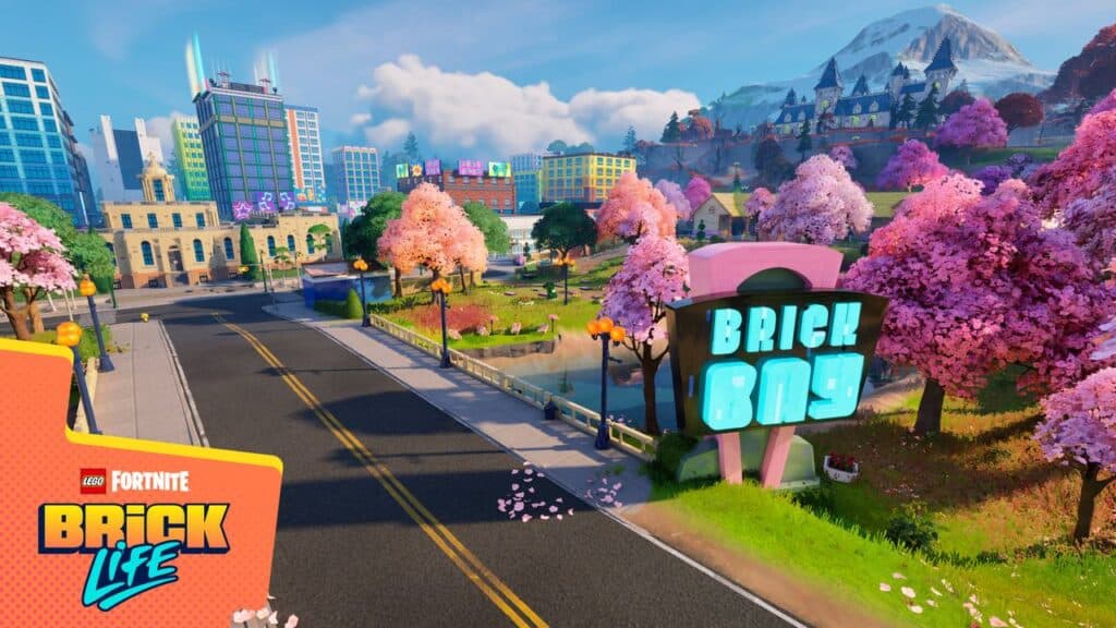 A vibrant LEGO-themed town adorned with cherry blossoms and a "Brick Buy" sign captures the essence of LEGO Fortnite Brick Life. It's a bright, sunny day in this playful world reminiscent of Fortnite's dynamic creativity.