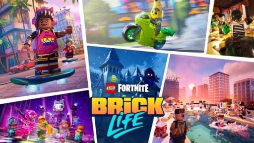 Collage of LEGO Fortnite scenes featuring mini-figures in various action and adventure settings, capturing the essence of LEGO Fortnite Brick Life.