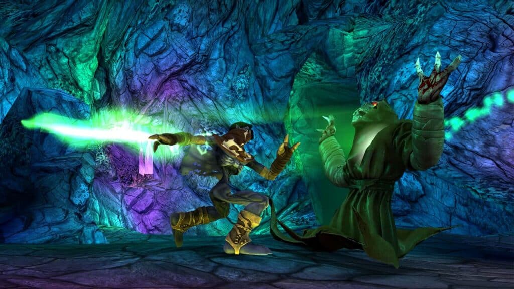 In a glowing cave reminiscent of Legacy of Kain: Soul Reaver 1&2 Remastered, two fantasy characters clash fiercely, one brandishing a green magic sword that lights up the cavern with an ethereal glow.