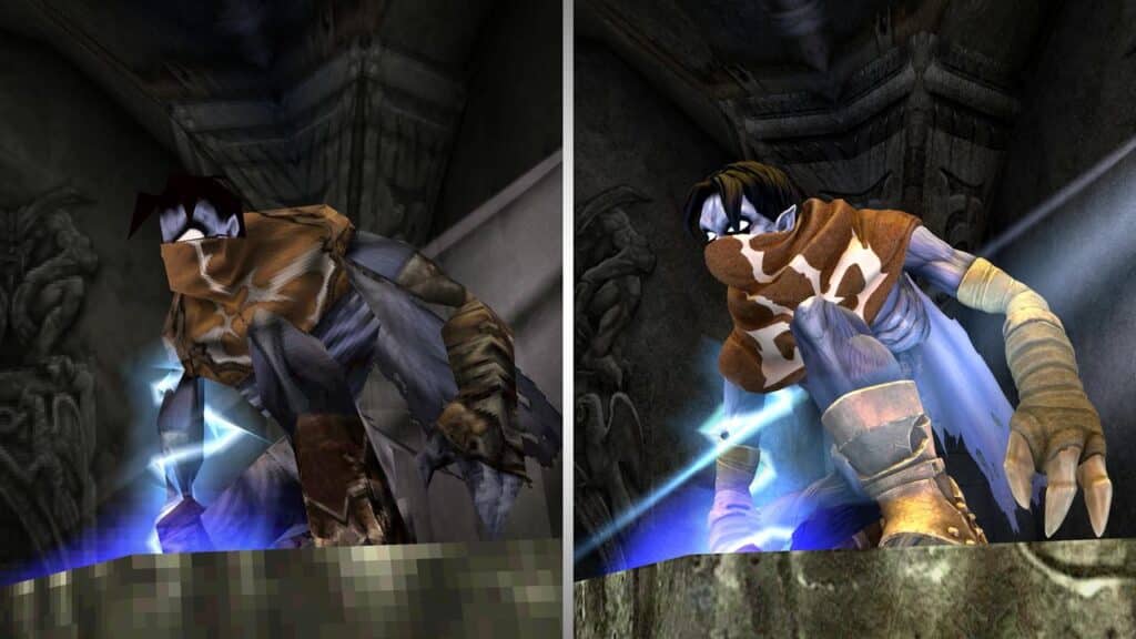 Side-by-side images showcase a cloaked, mysterious figure in a video game setting reminiscent of Legacy of Kain: Soul Reaver 1&2 Remastered, perfectly capturing the enigmatic atmosphere.