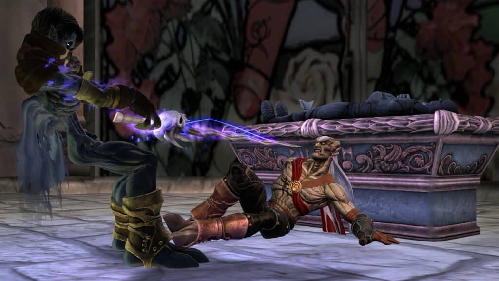 Amidst the echoes of Legacy of Kain: Soul Reaver 1&2 Remastered, two fantasy characters face off; one stands with glowing hands, the other lies defeated near an ornate stone altar.