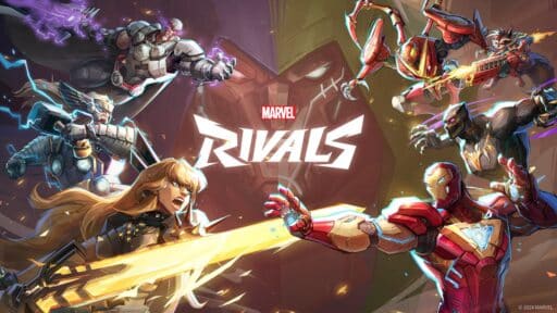 Comic-style Marvel superheroes and villains face off around the iconic Marvel Rivals logo, poised for epic action.