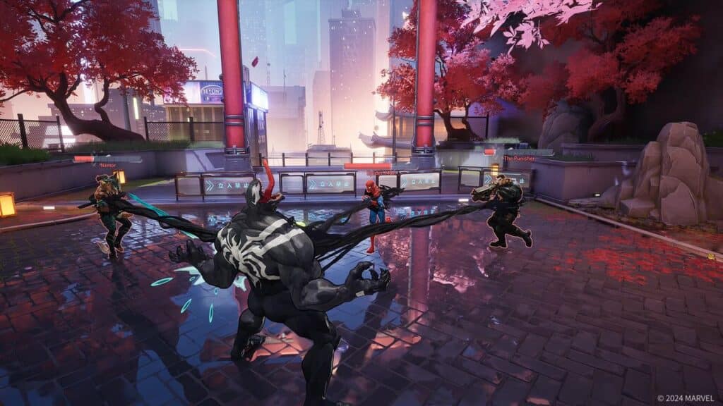 In a dynamic, action-filled virtual battle scene, Marvel Rivals clash against the backdrop of red trees and towering city buildings.