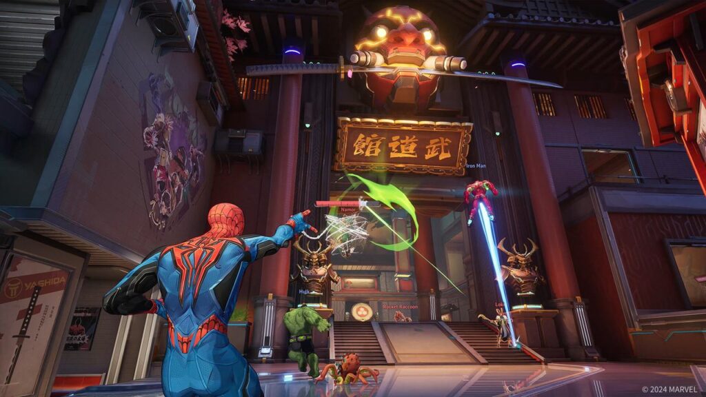 A group of Marvel Rivals superheroes clashes in front of a large, ornate building adorned with a dragon head and vibrant neon lights.