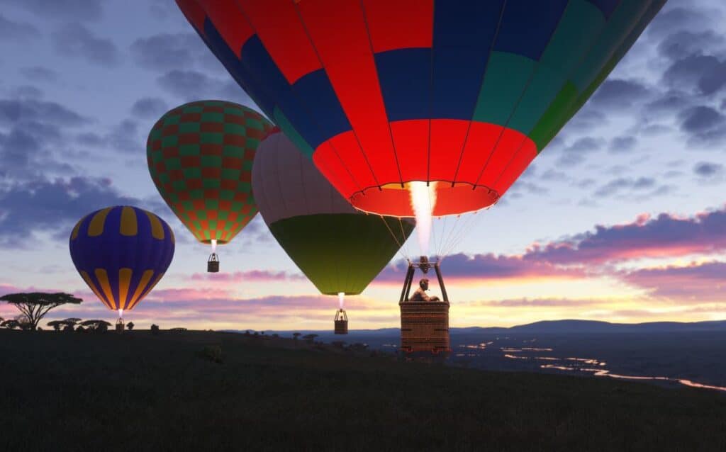 Colorful hot air balloons float over a landscape at sunset with a cloudy sky, creating a scene straight out of Microsoft Flight Simulator 2024.