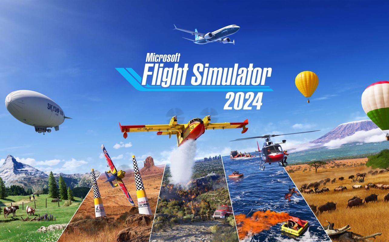 The vibrant cover of "Microsoft Flight Simulator 2024" showcases an array of aircraft soaring through stunning landscapes, featuring planes, helicopters, and balloons.