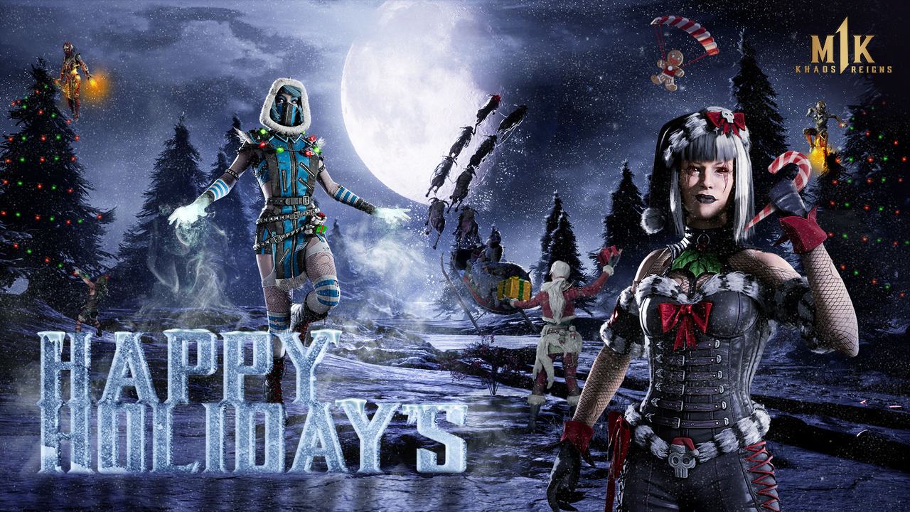 Festive characters from Mortal Kombat 1 in winter attire stand in a snowy landscape with a full moon. "Happy Holidays" text on the side.