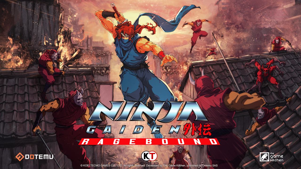 On the dynamic cover art of Ninja Gaiden: Ragebound, a stealthy ninja battles multiple foes atop a shadowy rooftop.