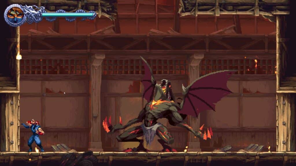 In a dark, fiery setting reminiscent of Ninja Gaiden: Ragebound, a pixel art character bravely battles a large winged demon.