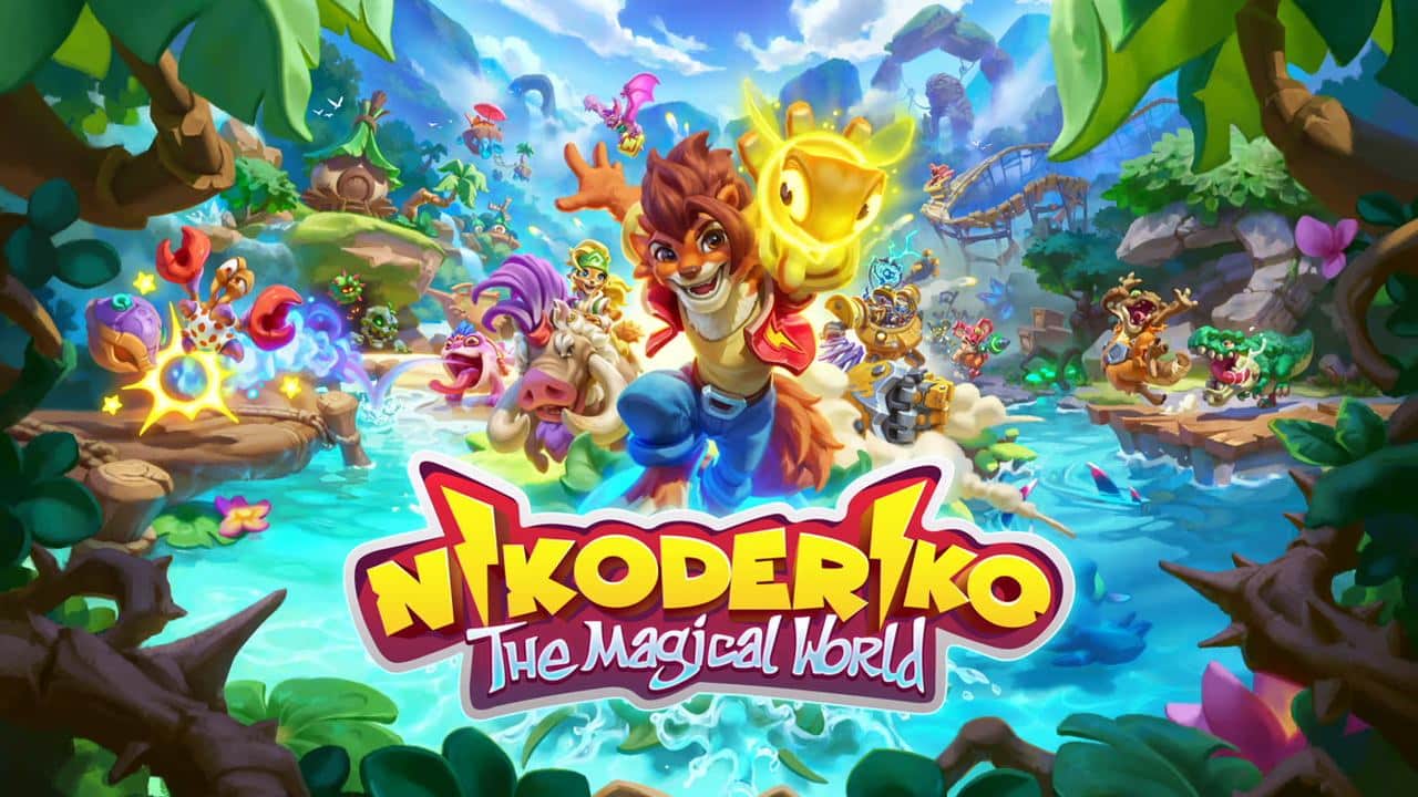 Amidst a lush jungle setting with a sparkling river, vibrant cartoon animals come to life, bringing whimsy and wonder. The enchanting scene is perfectly framed by the text NIKODERIKO: The Magical World, inviting you into an adventure of color and imagination.