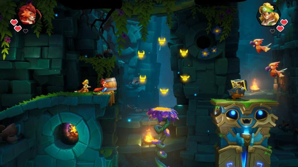 In the vibrant fantasy game scene of Nikoderiko: The Magical World, characters delve into a mystical cave, surrounded by glowing elements and enchanting platforms.