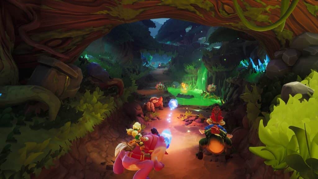 In Nikoderiko: The Magical World, two colorful characters race through a lush, enchanting forest with glowing paths and mysterious creatures.