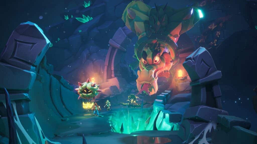 In the magical realm of Nikoderiko, adventurers confront a large dragon and floating creatures in a glowing, mysterious cave.