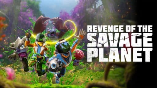 In Revenge of the Savage Planet, two explorers in colorful suits venture through a vibrant alien jungle, captivated by the bizarre creatures that surround them.