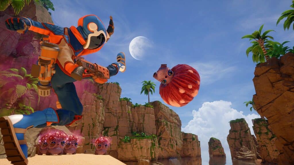 A futuristic character in a vibrant suit runs on a beach, dodging a flying creature, with cliffs and a moon in the background in a scene from Revenge of the Savage Planet.