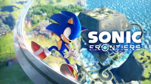 Sonic the Hedgehog glides effortlessly on curved rails through a lush landscape, the vibrant world of Sonic Frontiers unfolding behind him.