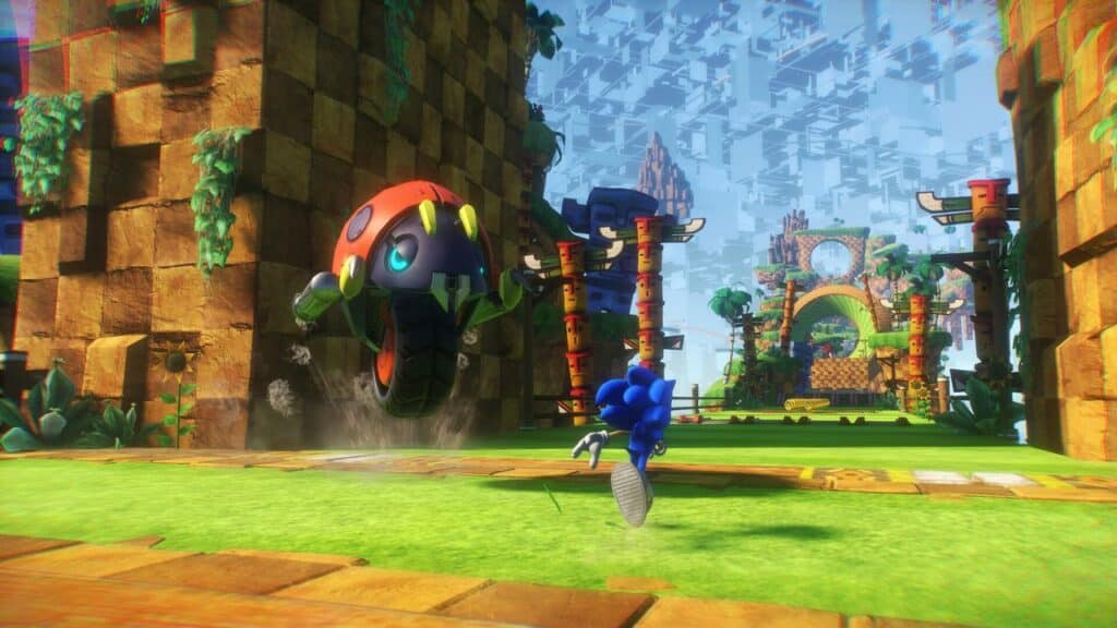 In the vibrant, blocky world of Sonic Frontiers, a blue hedgehog dashes toward a giant ladybug robot with unparalleled speed and precision.