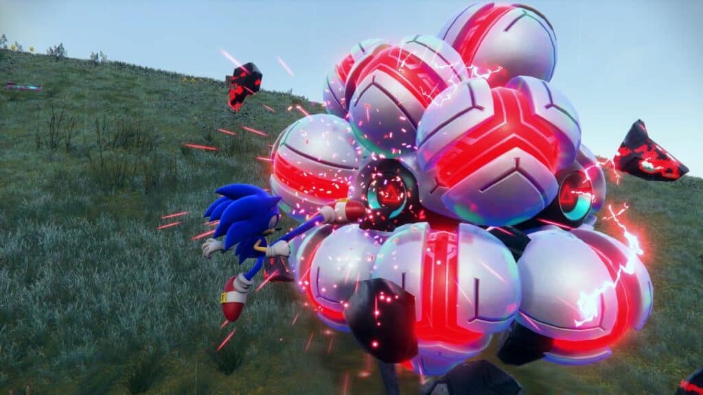 In Sonic Frontiers, the blue character takes on a large, spherical red and white robot in an epic showdown on a grassy field.