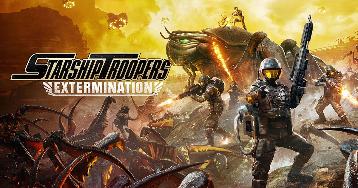 In "Starship Troopers: Extermination," elite futuristic soldiers engage in intense battles against colossal alien bugs amidst a harsh desert landscape.