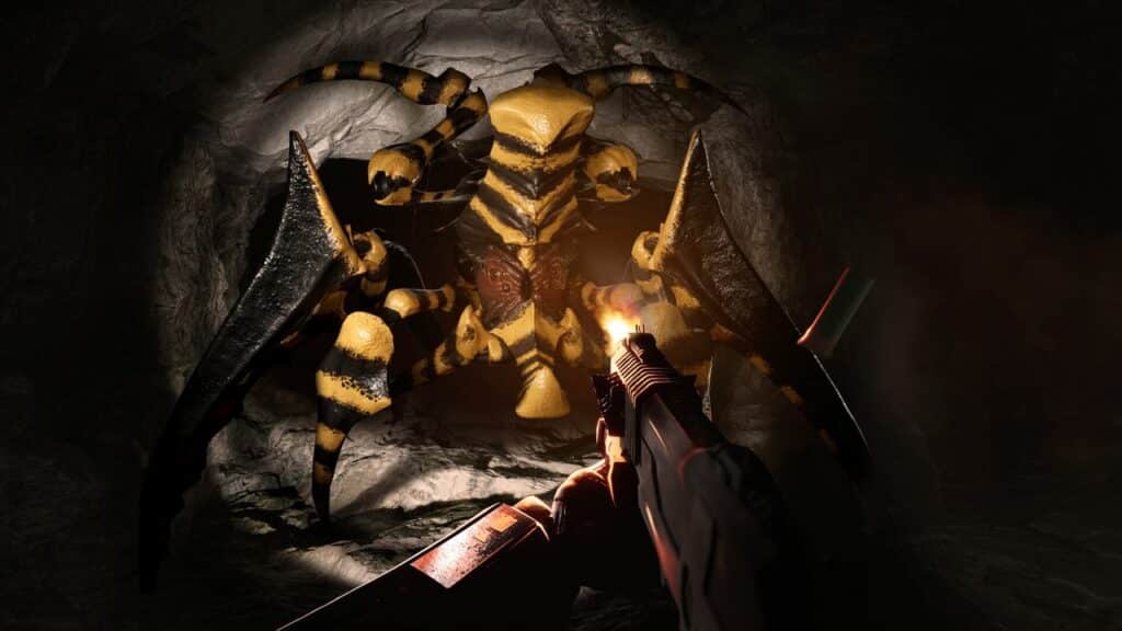 In a scene reminiscent of Starship Troopers: Extermination, a person aims their weapon at a giant, yellow and black, spider-like creature lurking ominously in the shadows of the dark cave.