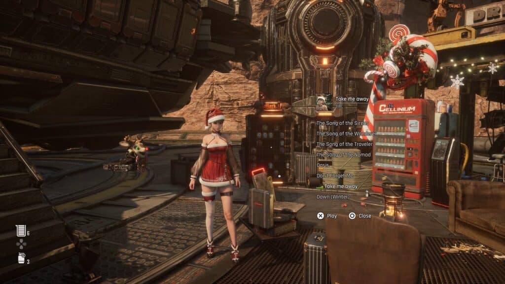 In the Stellar Blade holiday update, a character dressed as Santa stands amid a sci-fi setting, flanked by a retro jukebox and a futuristic vending machine.