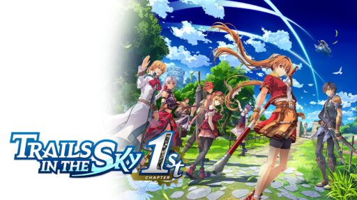 A group of anime characters walks along a grassy path, with Trails in the Sky 1st Chapter remake text elegantly displayed on the left.