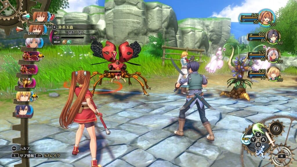 In a vibrant outdoor setting reminiscent of the Trails in the Sky 1st Chapter remake, anime-style RPG characters face off against a massive red ant monster, blending nostalgia with thrilling combat.