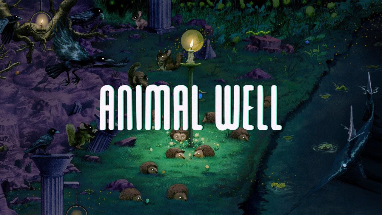 Animals and glowing objects fill a dark, mystical forest with "ANIMAL WELL" written across the center, evoking the intrigue of an Animal Well Review.