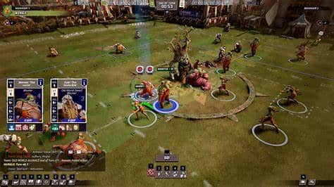 Video game screenshot showing a fantasy football match with players and cards on a grassy field.