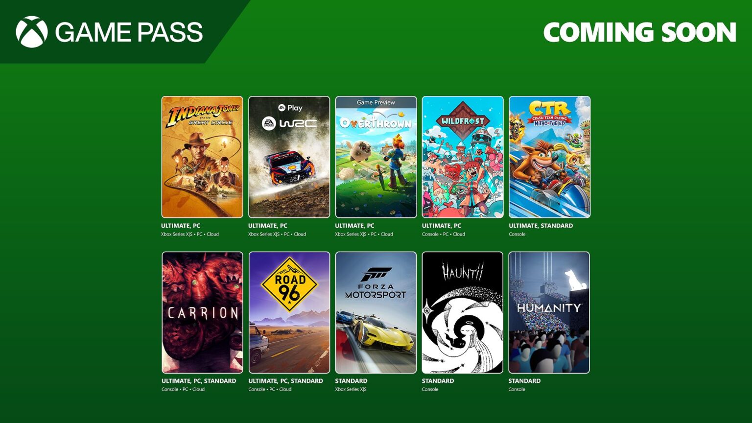 Promo image for Xbox Game Pass featuring upcoming games with box art and availability details.