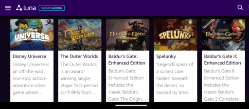 Screenshot of a gaming app displaying titles: Disney Universe, The Outer Worlds, Baldur's Gate, and Spelunky.