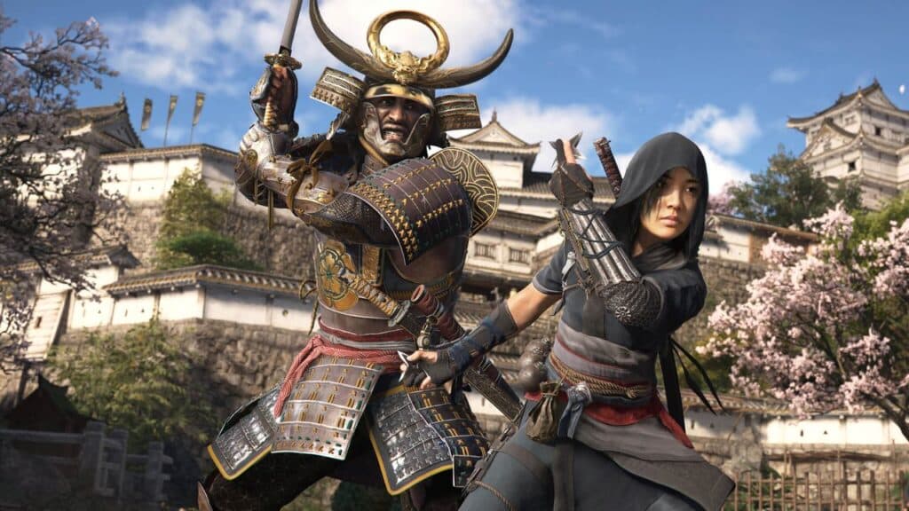 Samurai and ninja in traditional attire pose dramatically in front of an ancient Japanese castle, as if stepping straight out of Assassin's Creed Shadows.