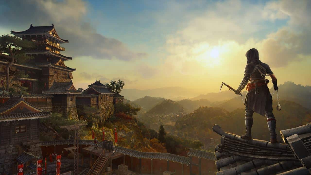 A hooded figure stands on a roof, overlooking a traditional Japanese village at sunset, embodying the stealth and intrigue of Assassin's Creed Shadows while holding a grappling hook.