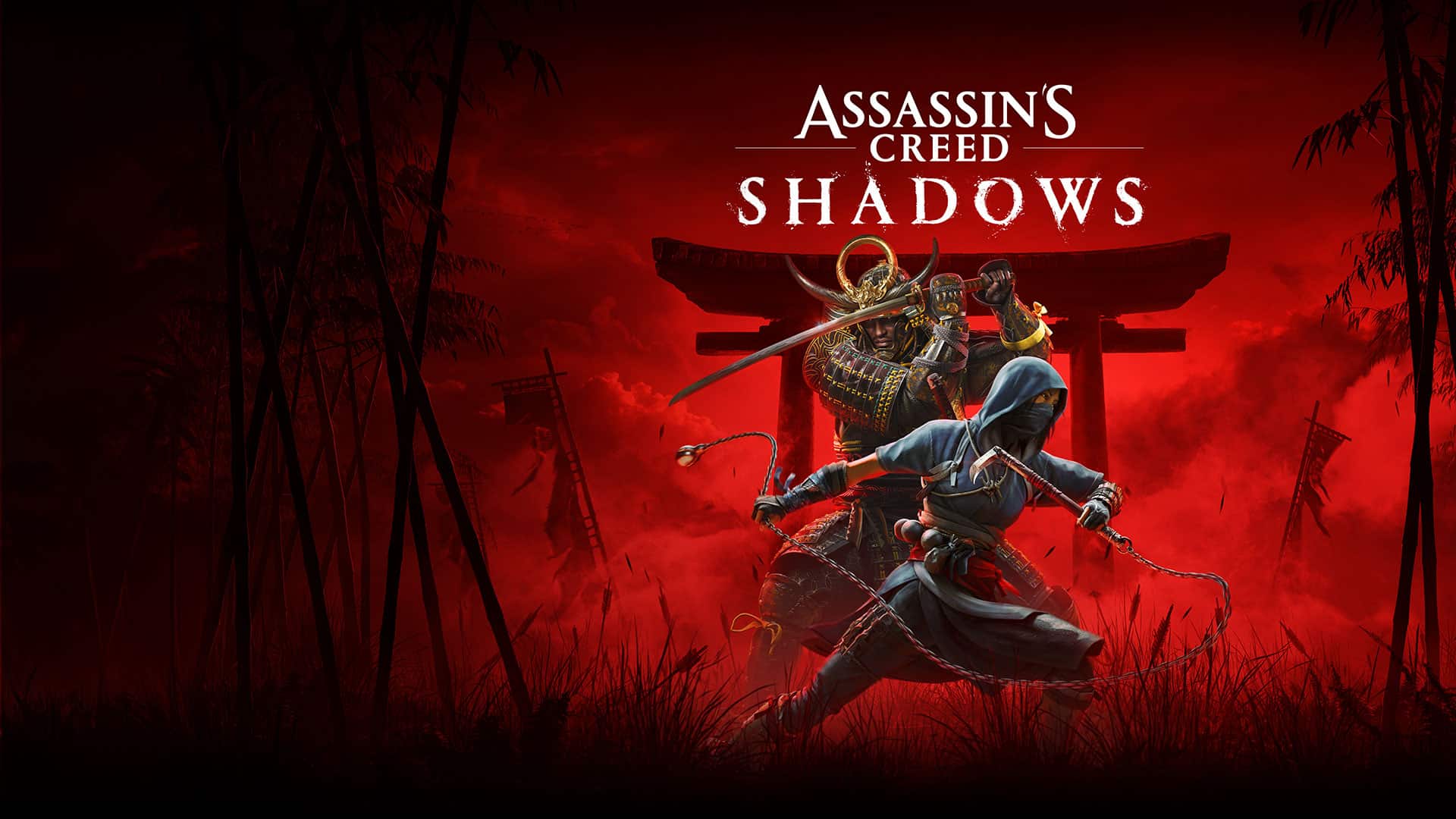 Two warriors strike a combat pose against a crimson backdrop, perfectly embodying the intense spirit of "Assassin's Creed Shadows" as its text looms boldly above them.