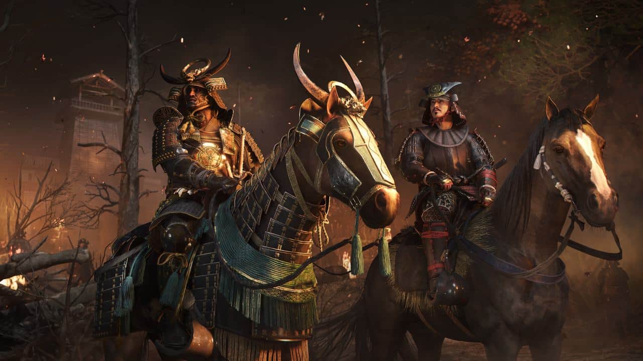 Two armored samurai on horseback traverse a burning forest, the scene echoing the intense atmosphere of Assassin’s Creed Shadows, with an ancient tower looming in the background.