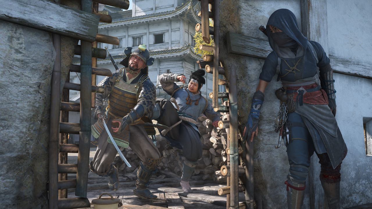 In the shadows of a Japanese courtyard, a ninja warrior, reminiscent of Assassin’s Creed Shadows, surprises two startled samurai warriors with stealth and precision.