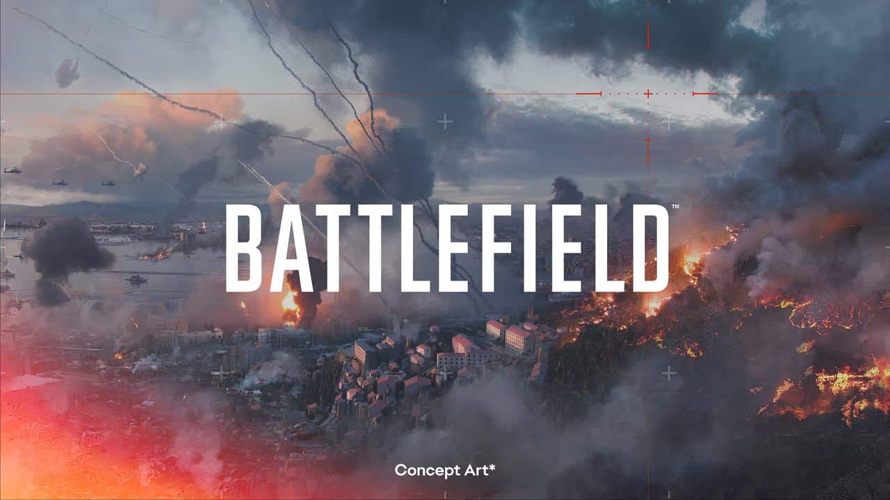 Explosive battlefield scene with a burning city, helicopters, and smoky skies; text reads "Battlefield Concept Art." Experience the chaos in Battlefield 6 playtests.