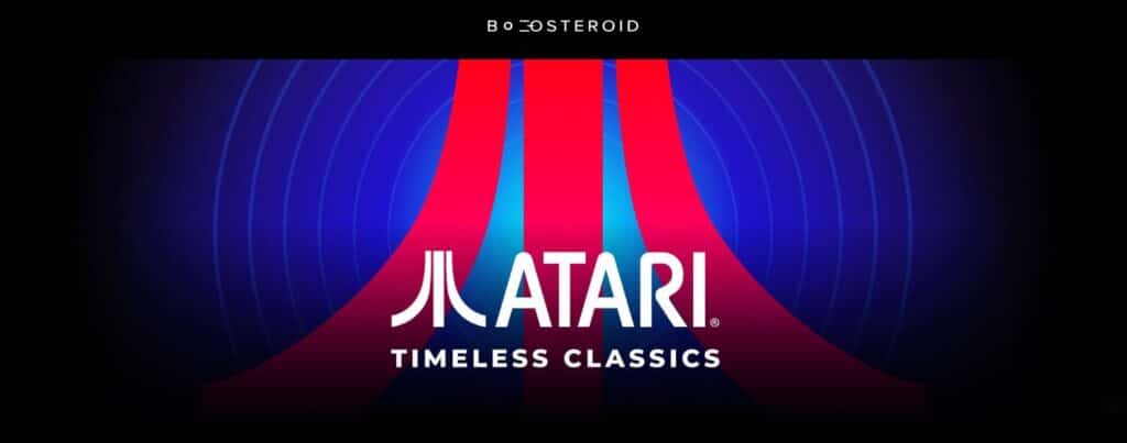 Atari logo with "Timeless Classics" text on a blue and red abstract background, celebrating the Boosteroid Atari partnership.