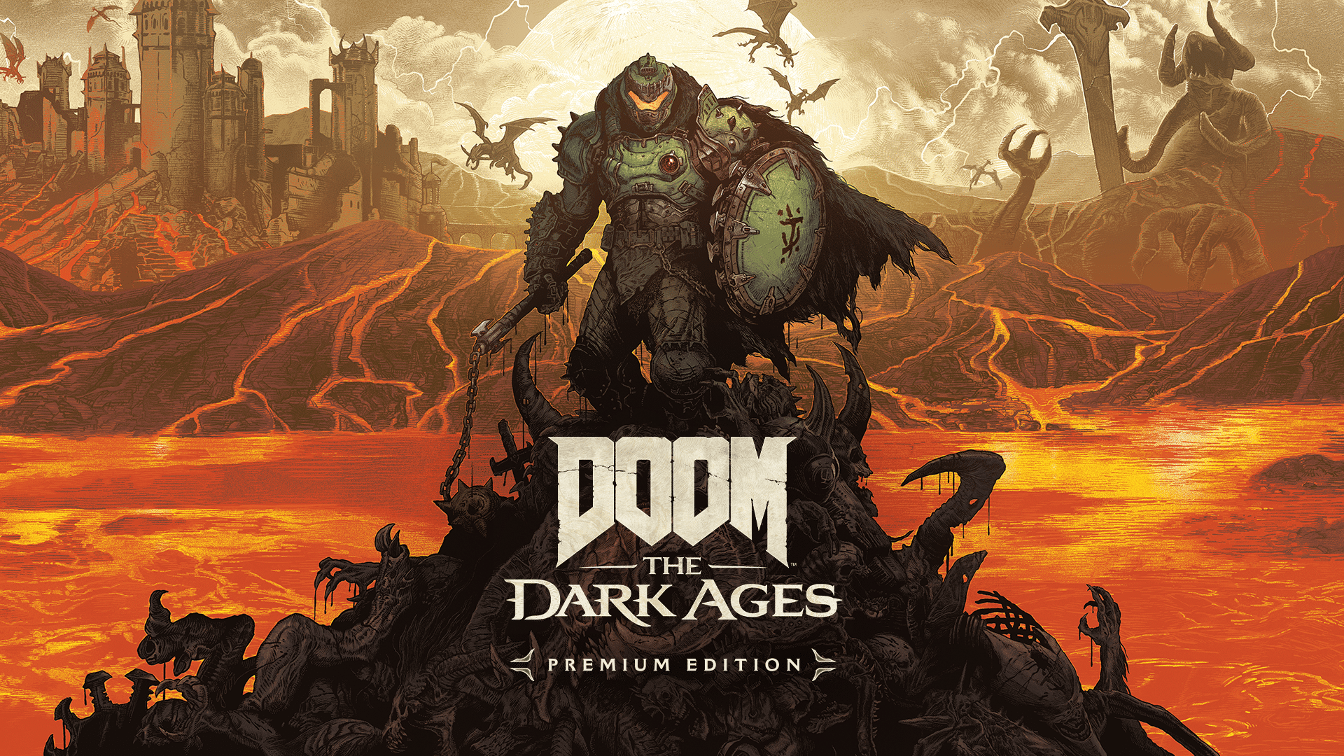 Armored figure stands on a pile of demons, with a fiery landscape and distant ruins. Text: "DOOM The Dark Ages.