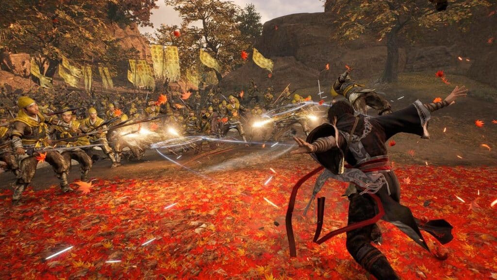 In a vibrant autumn forest battle scene, the character brandishes a weapon with the intensity reminiscent of Dynasty Warriors Origins, facing off against armored soldiers in an epic clash.