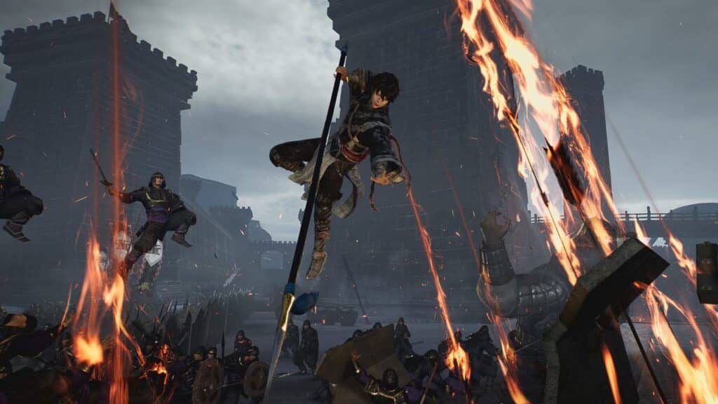 Amidst a fiery battle in a medieval castle, a warrior, reminiscent of Dynasty Warriors Origins, leaps with a spear.